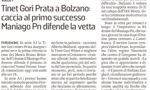 Tinet Gori Prata a Bolzano: caccia al primo successo. Maniago Pn difende la vetta