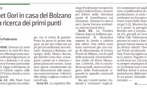 Tinet Gori in casa del Bolzano alla ricerca dei primi punti
